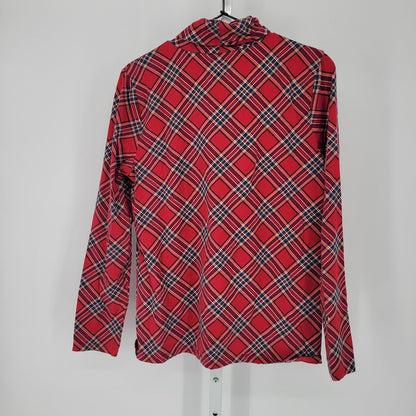 Talbots Womens Sz L Long Sleeve Turtleneck T Shirt Red Blue Plaid Cotton Blend