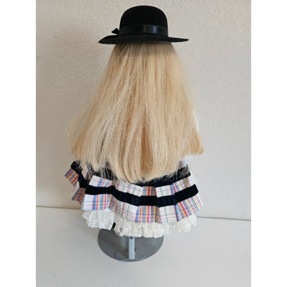 Vintage 1990s Porcelain Doll Straight Blonde Hair Picnic Basket Plaid Dress