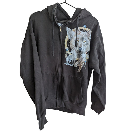 ESY Surf Co Womens Sz XL Full Zip Hoodie Wolf Dreamcatcher Print Black