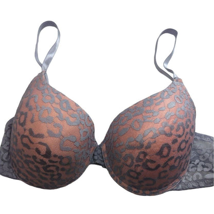 Vintage Y2K Womens Sz 38C Gray and Pink Lace Leopard Print Push Up Bra