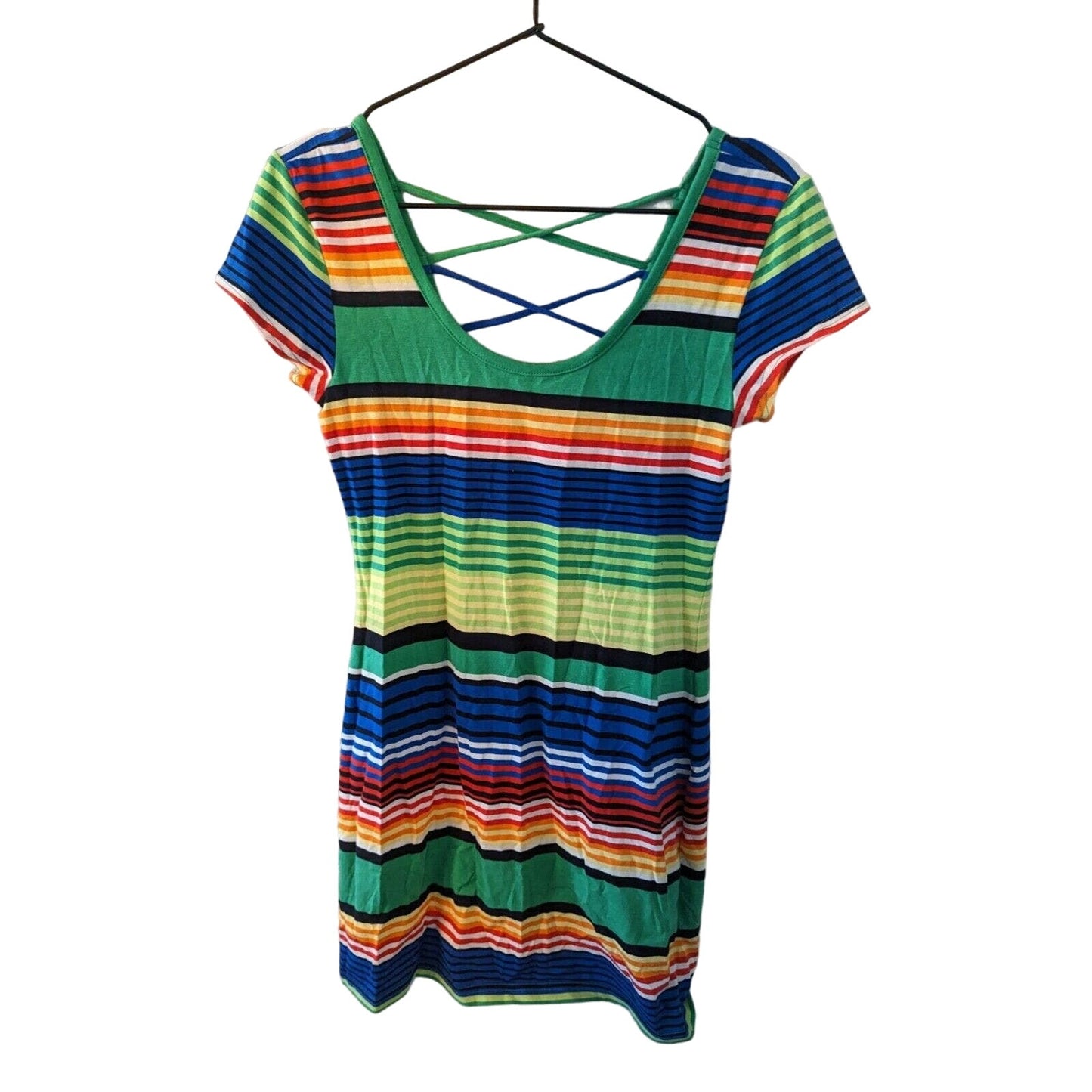 Derek Heart Womens Sz M Mini Dress Rainbow Striped Short sleeve NEW