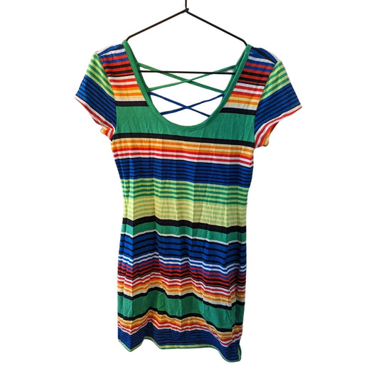 Derek Heart Womens Sz M Mini Dress Rainbow Striped Short sleeve NEW