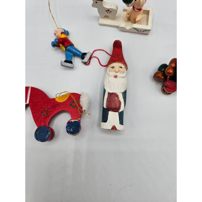 Lot of 5 Vintage Hand Painted Wooden Christas Ornaments Horse Santa Teddy Bear