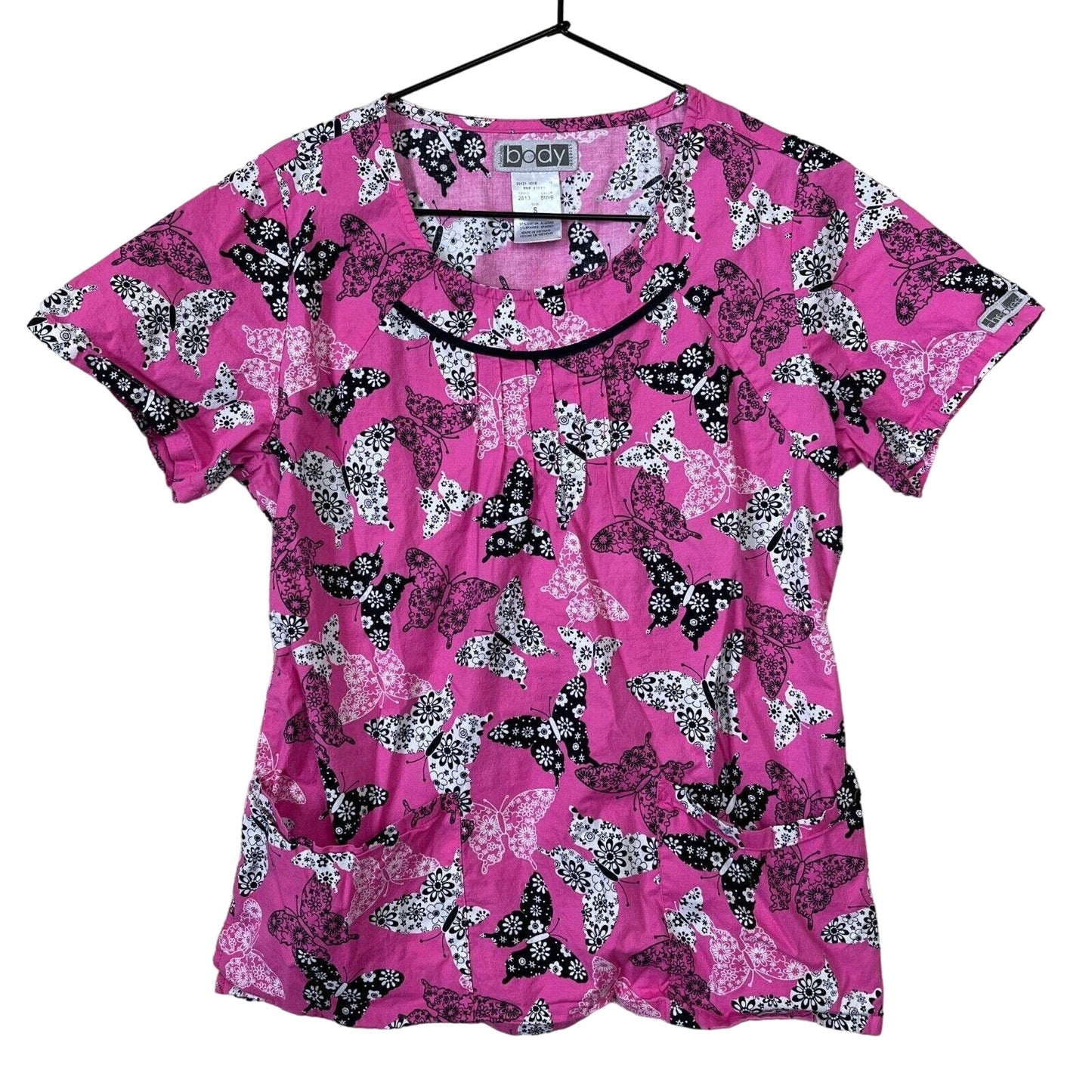 Cherokee Womens Sz S Short Sleeve Scrub Top Pink Butterfly Print