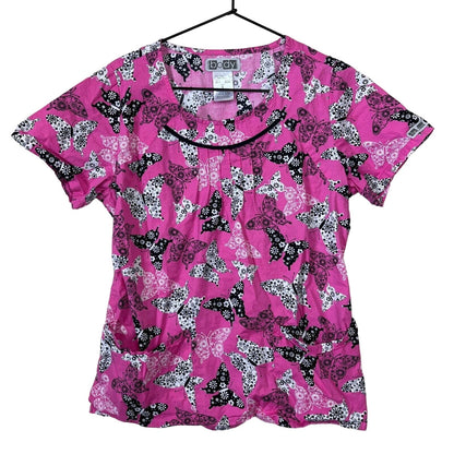 Cherokee Womens Sz S Short Sleeve Scrub Top Pink Butterfly Print