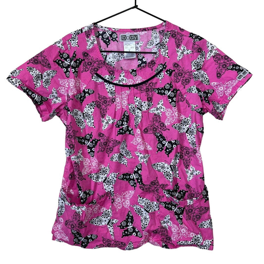 Cherokee Womens Sz S Short Sleeve Scrub Top Pink Butterfly Print