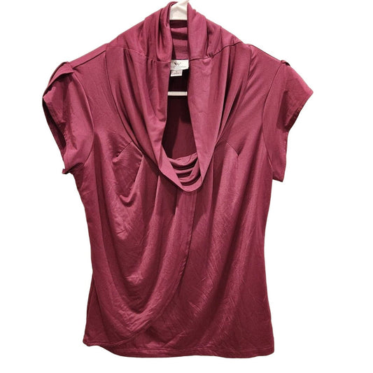 Worthington Womens Sz S Cowl Neck Short Sleeve Blouse Maroon Shiny