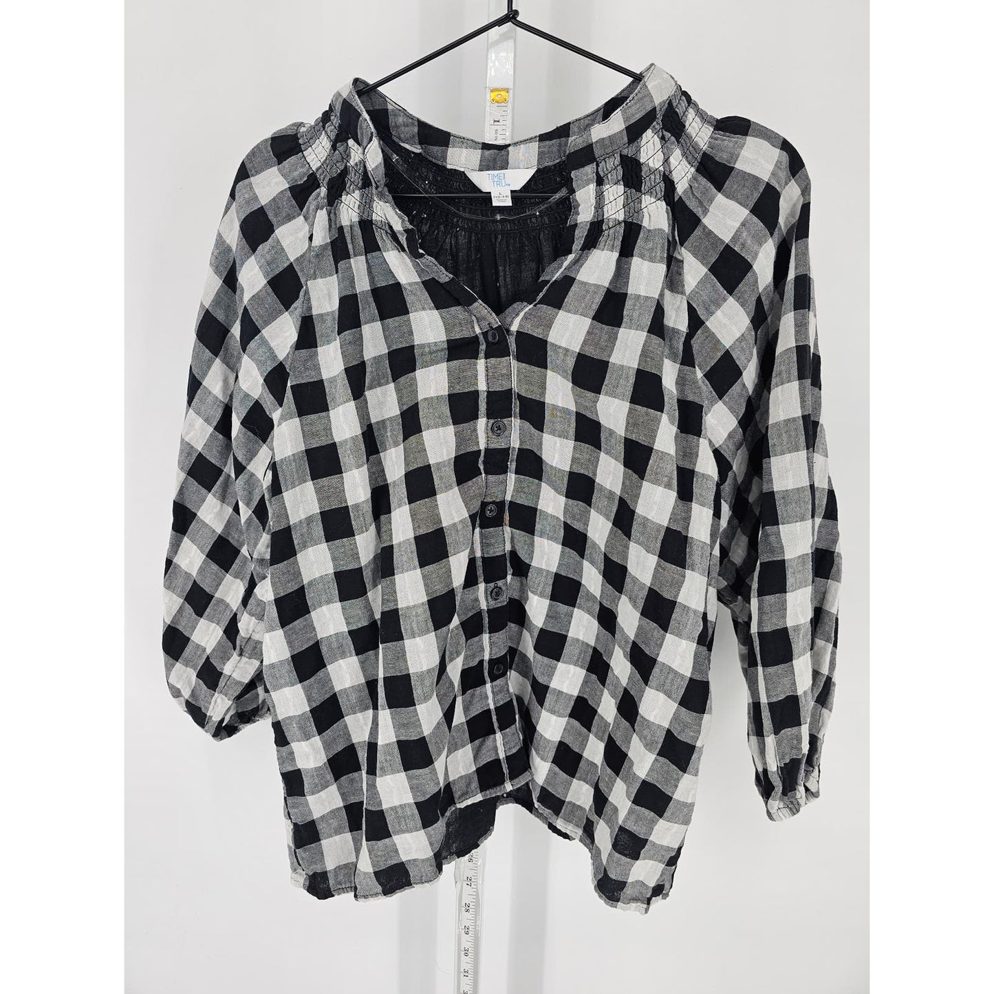 Time and Tru Womens L Balloon Sleeve Button Up Blouse Black White Buffalo Plaid