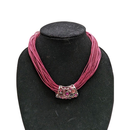 Vintage 1990s Pink Rope Style Statement Necklace Rhinestone Pendant