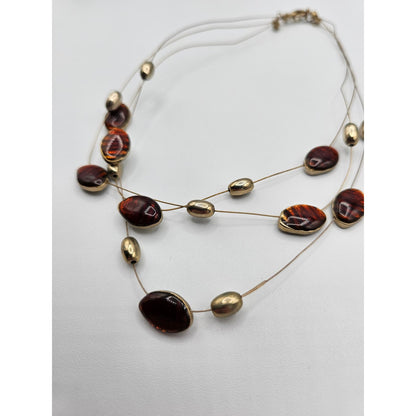 Vintage Amber Glass Inlay Multi Strand Necklace Gold Wire 1990s Statement