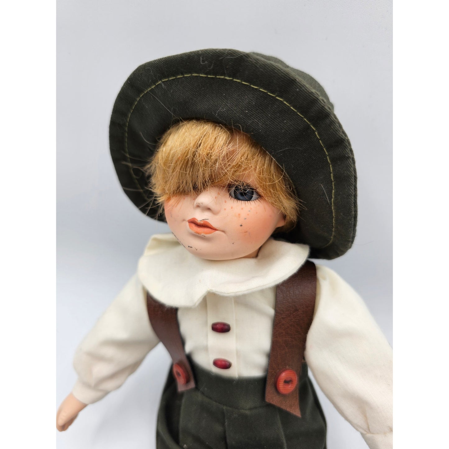 Vintage 1990s Porcelain Boy Doll German in Lederhosen Green