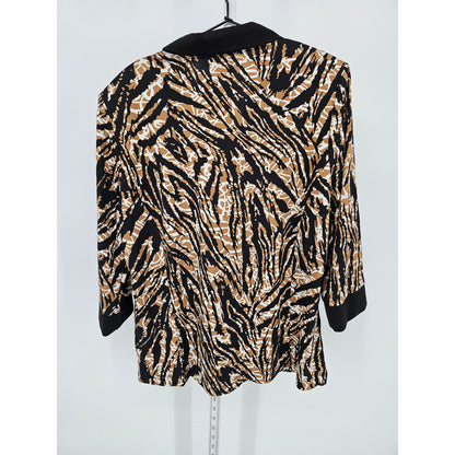 Blair Womens Sz L 3/4 Sleeve Zip Ip Jacket Animal Print Black Tan Collared