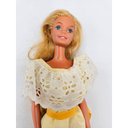 Vintage 1990s Barbie Doll by Mattel Blonde Hair in Yellow and White Dress