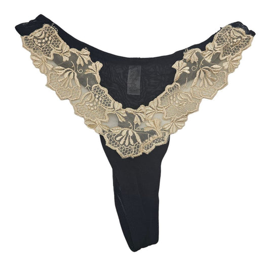 Vintage 90’s Victorias Secret Black Cream Thong Size L Lace Front Mesh