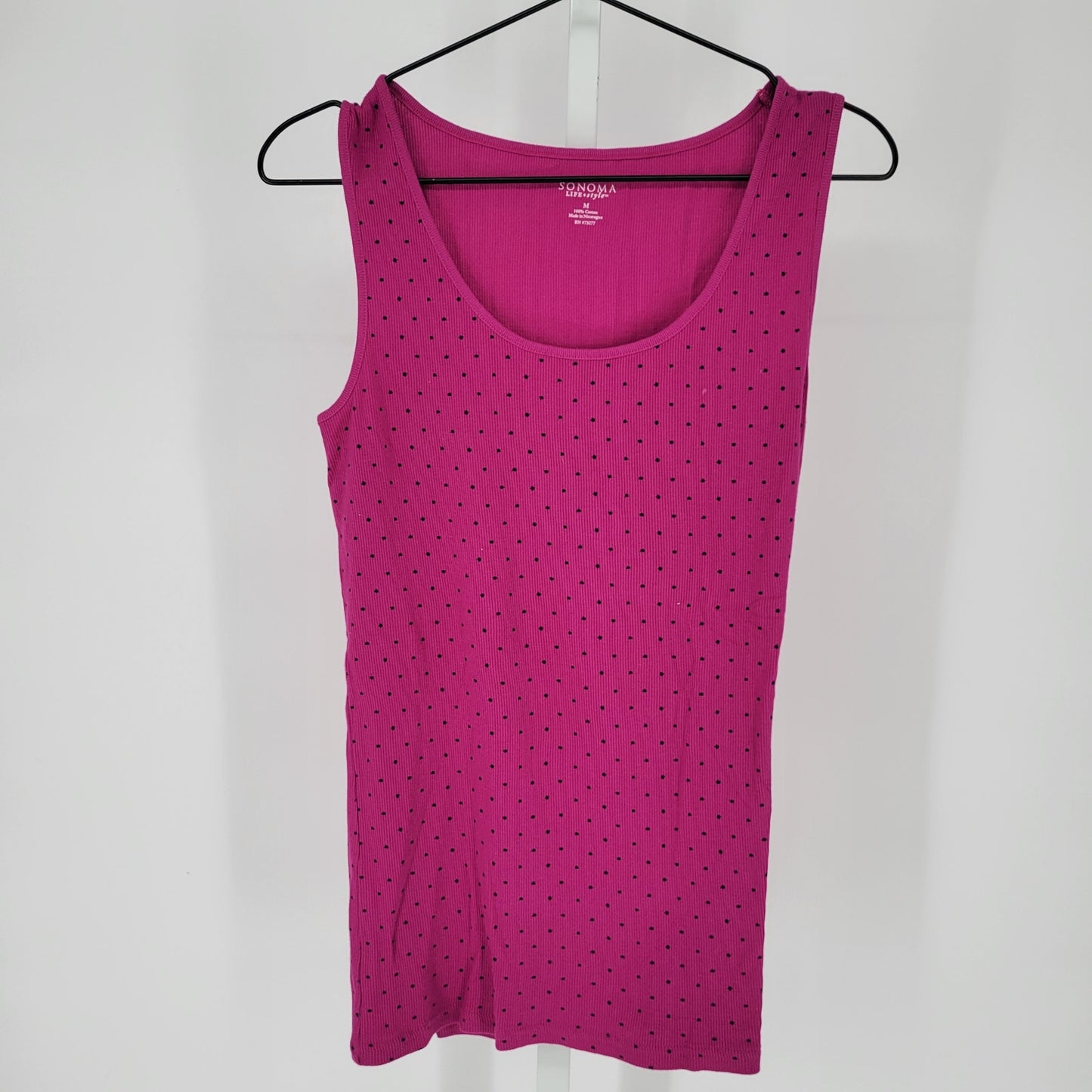 Sonoma Womens Sz M 100% Cotton Ribbed Tank Top Pink Black Polka Dot