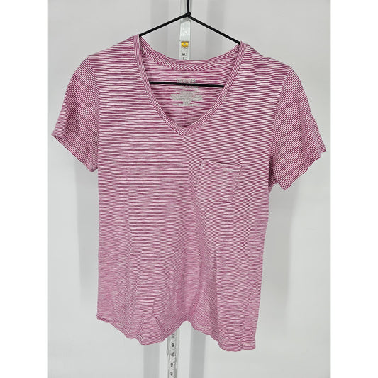 Time & Tru Womens Sz S Short Sleeve V Neck T Shirt Pink and White Striped