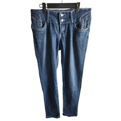 Pasion Juniors Sz 11 Dark Wash Skinny Blue Jeans Embellished Pockets