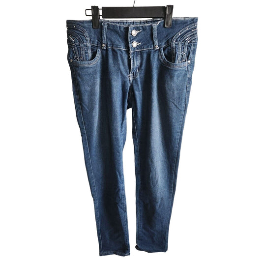 Pasion Juniors Sz 11 Dark Wash Skinny Blue Jeans Embellished Pockets