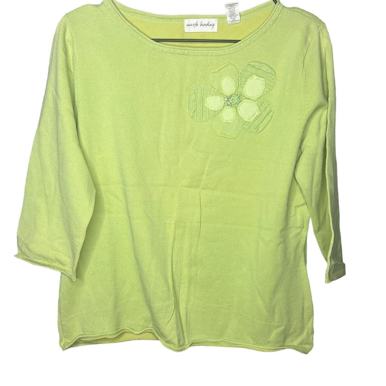 Marsh Landing Womens Sz L Cotton Blend 3/4 Sleeve T Shirt Lime Green Flower