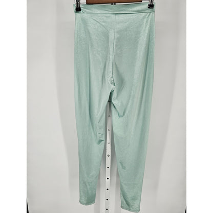 Womens Sz L High Waist Satin Slim Leg Pants Seafoam Light Green Blue