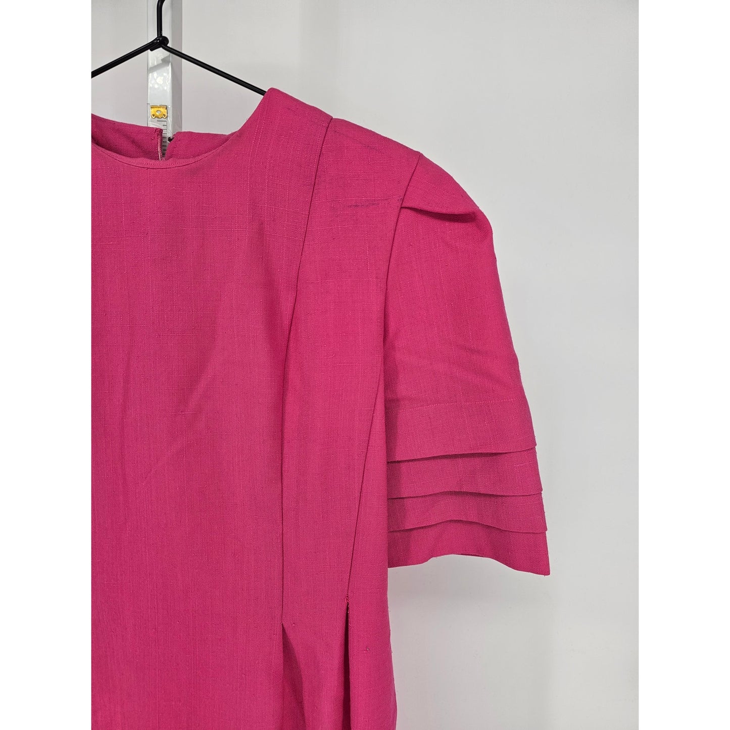 Vintage 1960s Womens Sz 14 Midi Length Formal Dress Bright Pink Short Sleeve