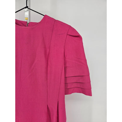 Vintage 1960s Womens Sz 14 Midi Length Formal Dress Bright Pink Short Sleeve