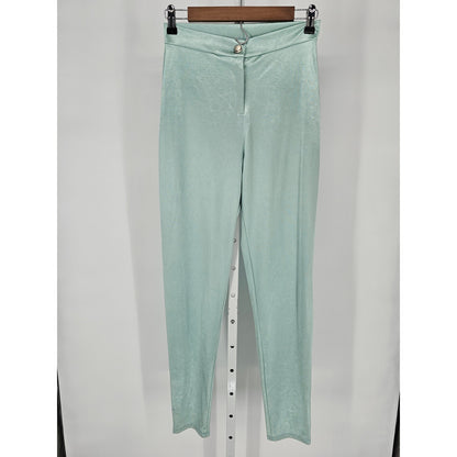 Womens Sz L High Waist Satin Slim Leg Pants Seafoam Light Green Blue