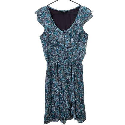 MSK Womens Sz 8 Gray and Blue Ruffled Midi Dress V Neck