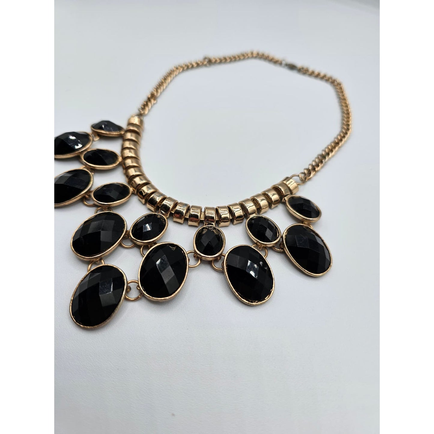 Vintage 1990s Bib Collar Style Necklace Gold Tone Black Rhinestones