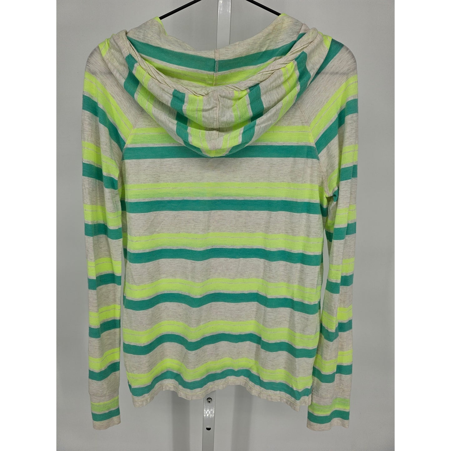 American Eagle Womens Sz M Lightweight Hoodie Neon Green Gray Striped