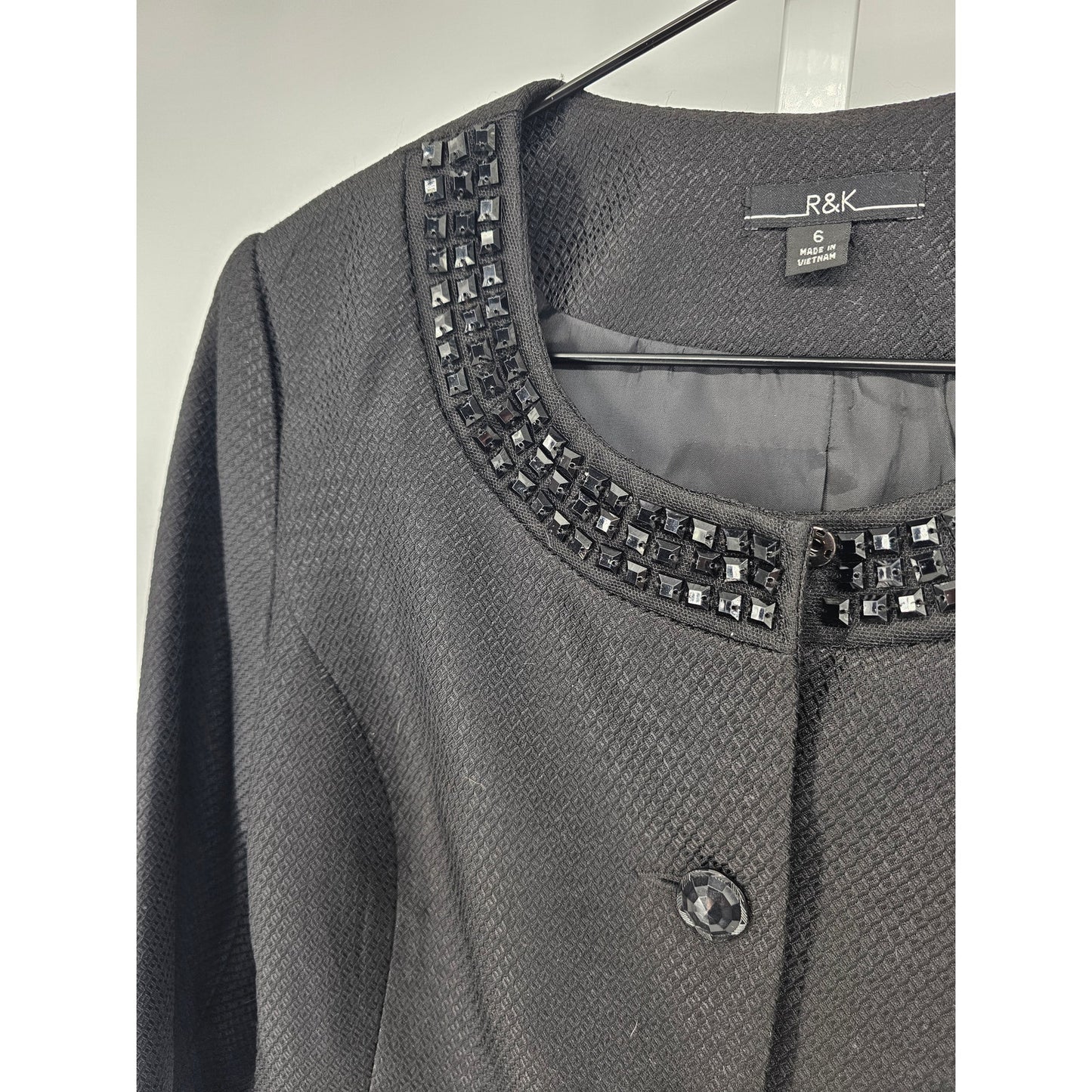 R&K Womens Sz 6 Structured Blazer Jacket Black Formal Rhinestone Studded