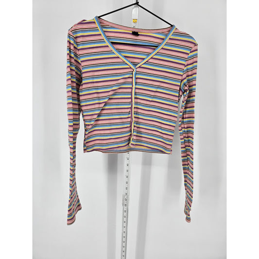 Shein Womens Sz L Long Sleeve Cropped Shirt Ribbed Rainbow Striped Y2K