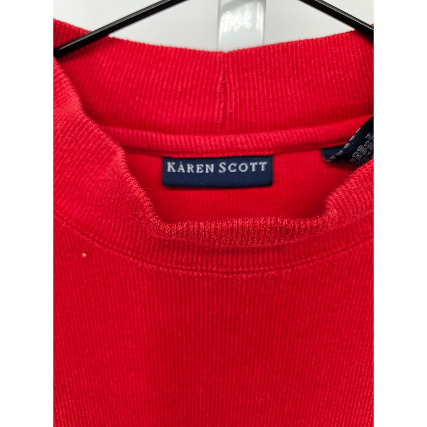 Karen Scott Womens Sz L Ribbed Short Sleeve Mock Neck Knit Shirt Cherry Red