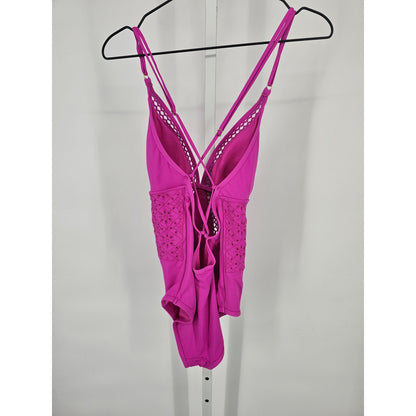 Ambrielle Womens Sz L One Piece Swimsuit Bright Pink w/ Crochet Cutouts