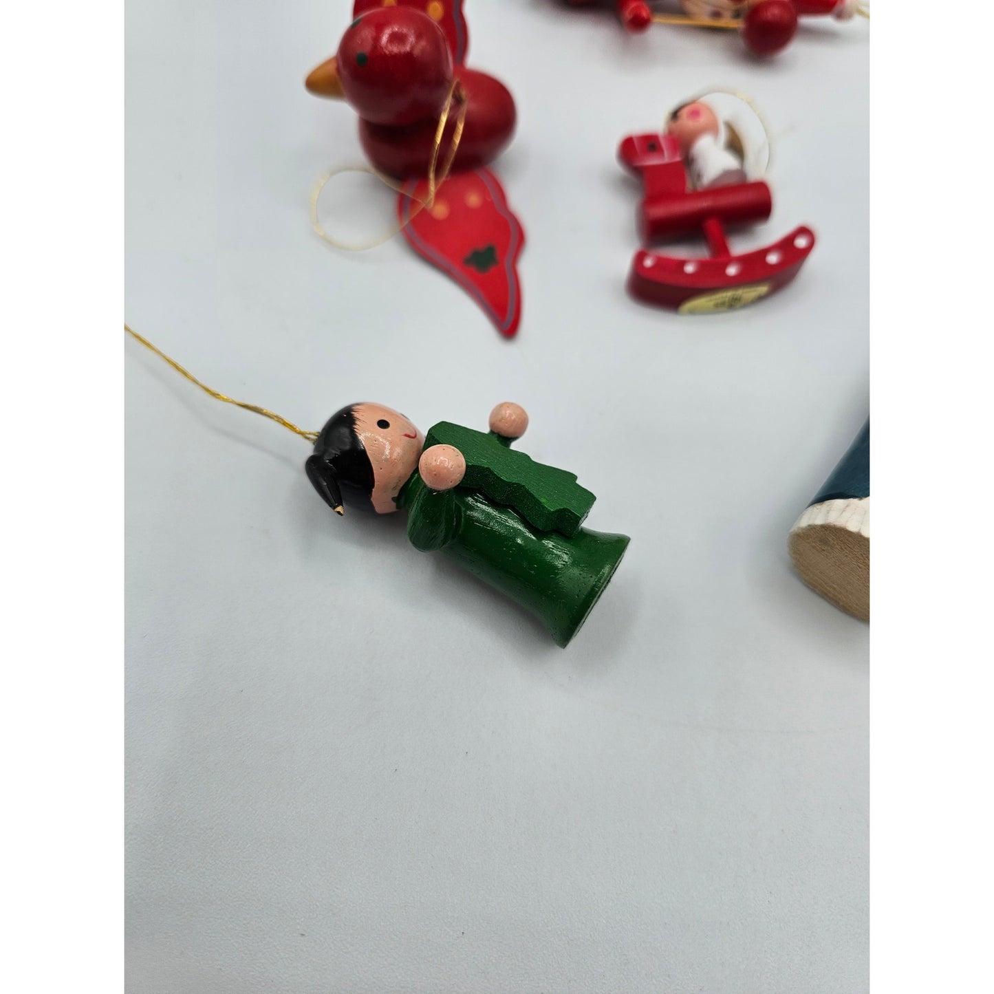 Lot of 5 Vintage Hand Painted Wooden Christas Ornaments Bird Rocking Horse Santa