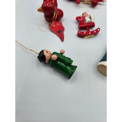 Lot of 5 Vintage Hand Painted Wooden Christas Ornaments Bird Rocking Horse Santa