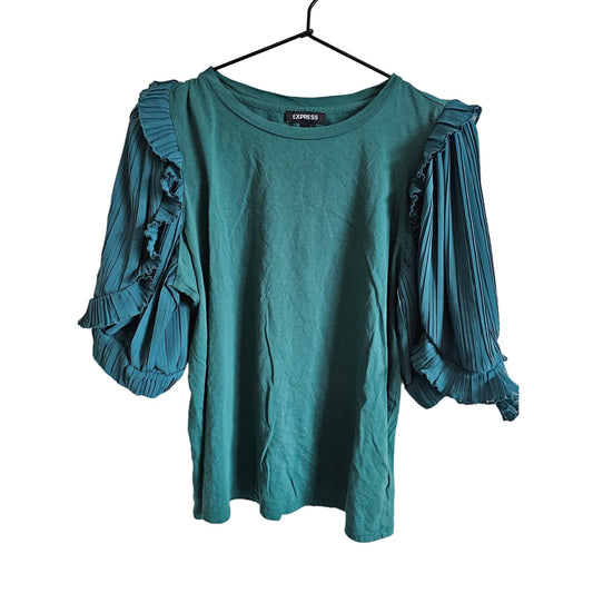 Express Womens Sz M Dark Teal Blouse Bubble Pleated Sleeve