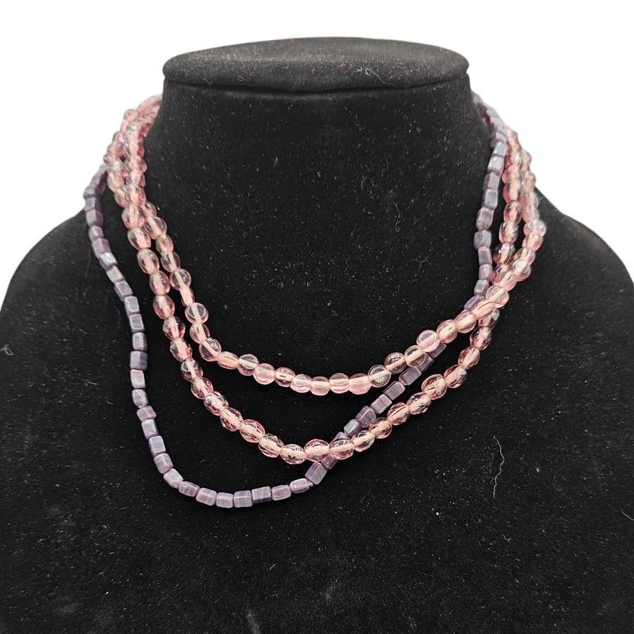 Vintage Multi Strand Glass Beaded Necklace Light Pink Purple 3 Strand