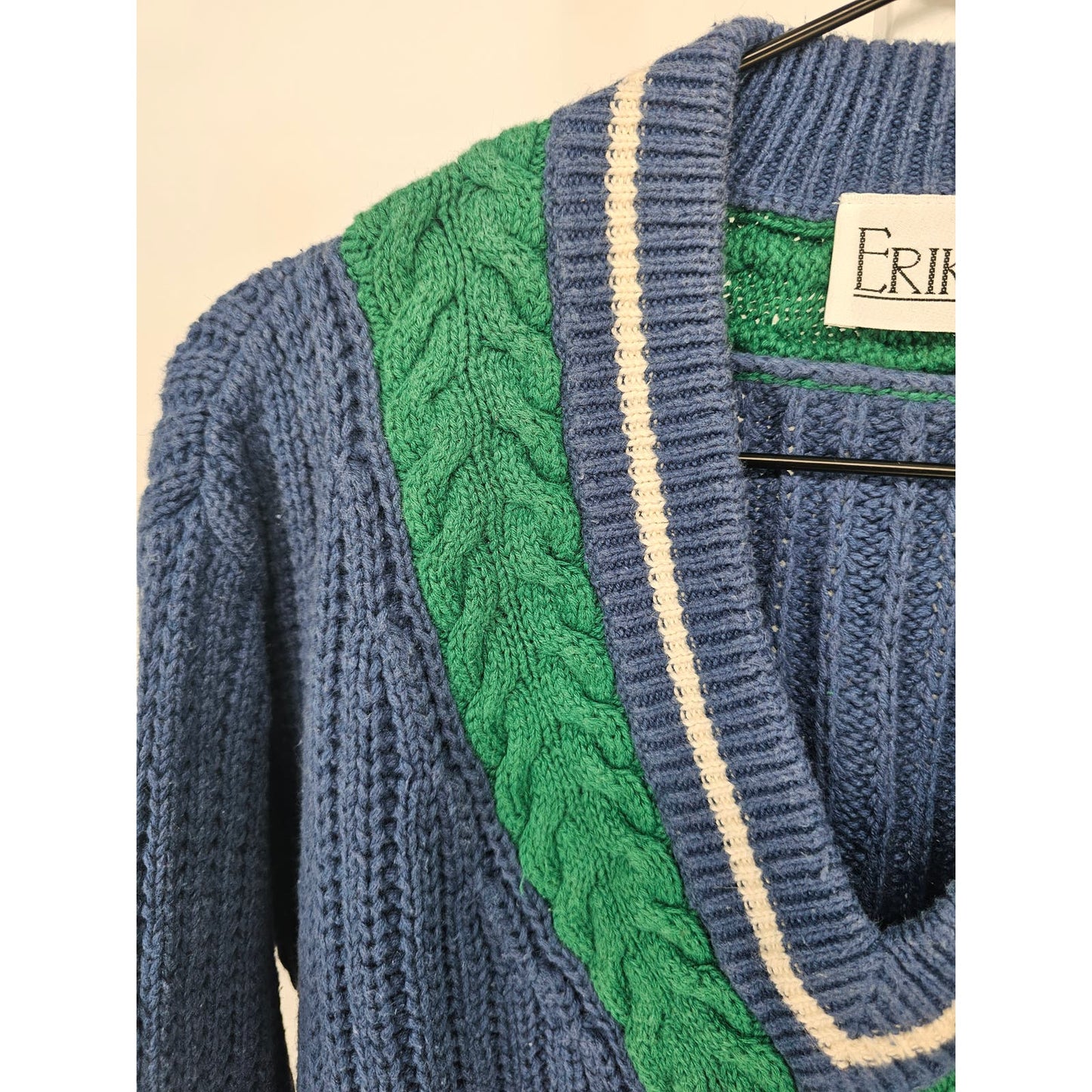 Vintage 1990s Erika Womens Sz L Deep V Neck Preppy Knit Sweater Blue Green