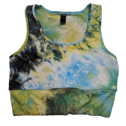 Womens Sz M Longline Sports Bra Cropped Top Black Blue Tie Dye