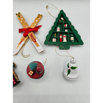 Lot of 5 Vintage Hand Painted Wooden Christas Ornaments Skis Tree Bell Metallic