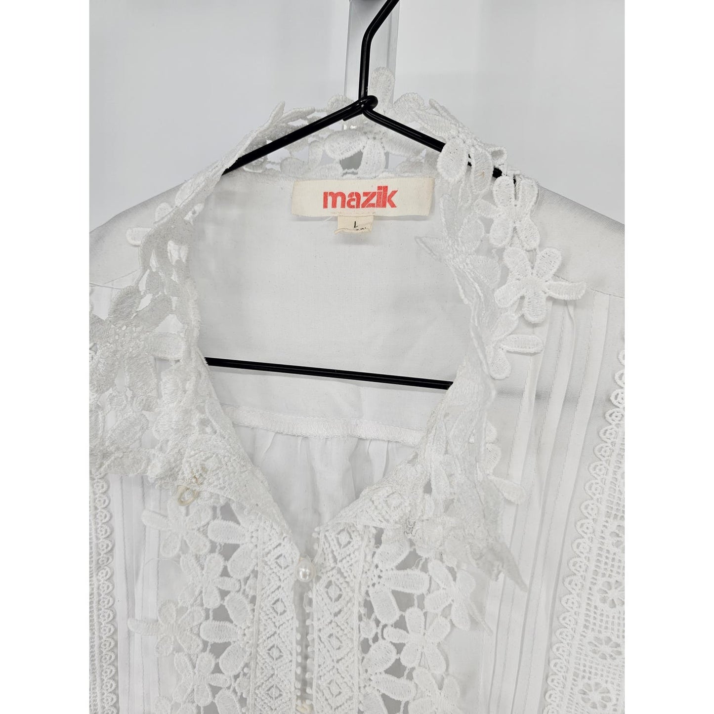 Mazik Womens Sz L Long Sleeve Button Up Top Crochet White Beachy Open Knit