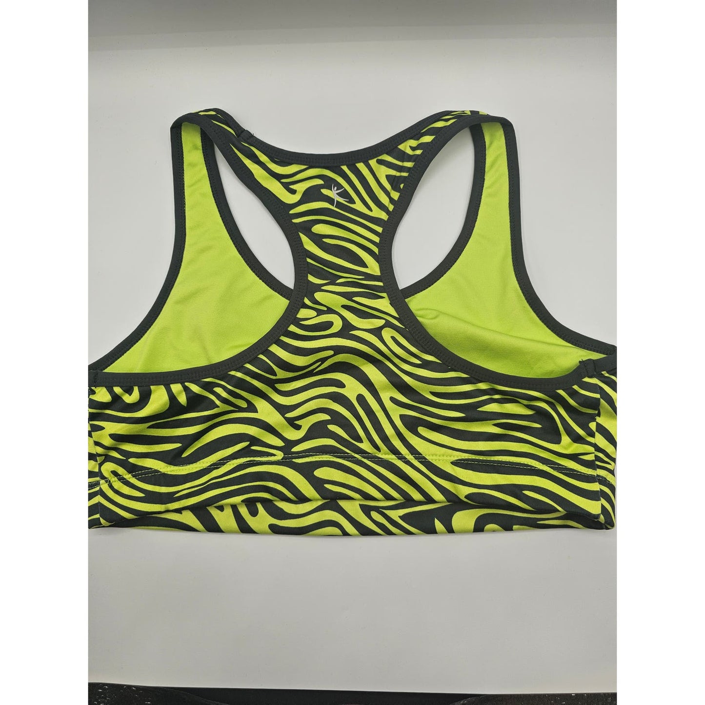 Danskin Now Womens Sz L Racerback Sports Bra Black Bright Green Zebra Print