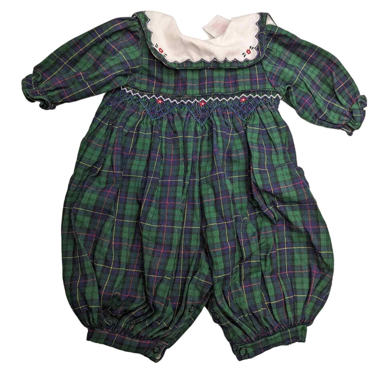 Vtg 1990s Allison Ann Baby Girls Sz 0-3M Smocked Plaid One Piece Outfit Green