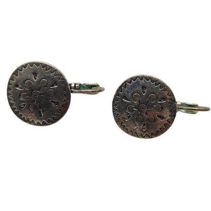 Vintage 1960s Clip On Earrings Silver Tone Disc Front Embossed