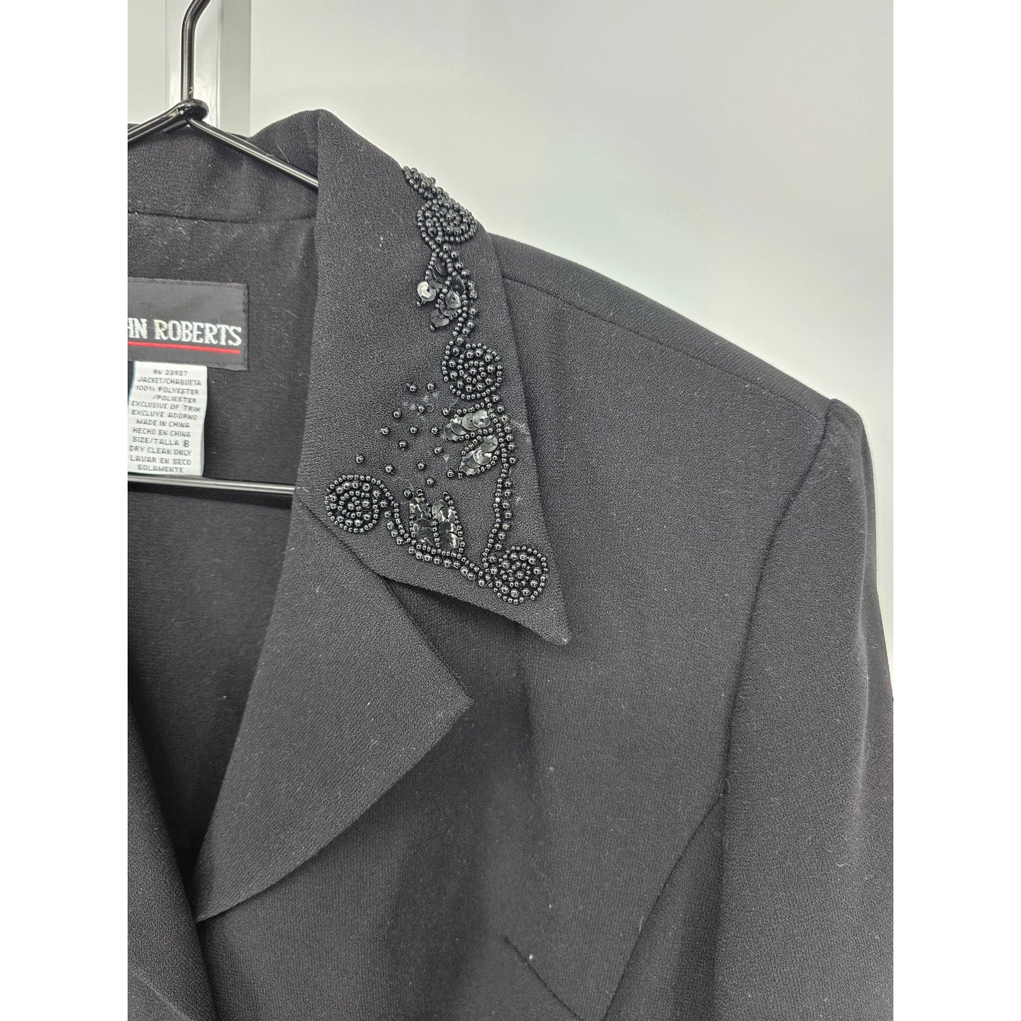 Vintage John Roberts Womens Sz 8 Blazer Jacket Black Beaded Collar