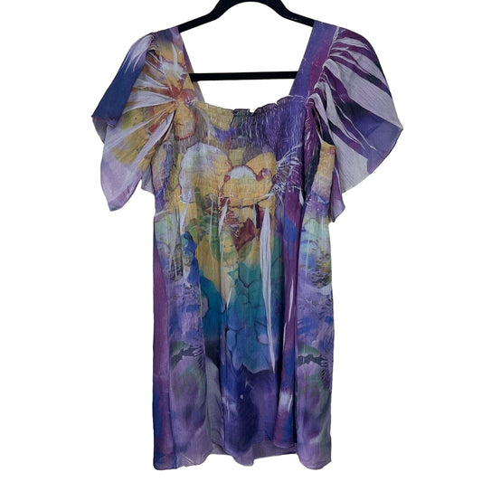 Vintage Unity World Wear Womens Sz S Purple Watercolor Print Tunic Blouse