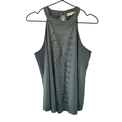 Altard State Womens Sz L Faux Suede Sleeveless Blouse Dark Green Eyelet