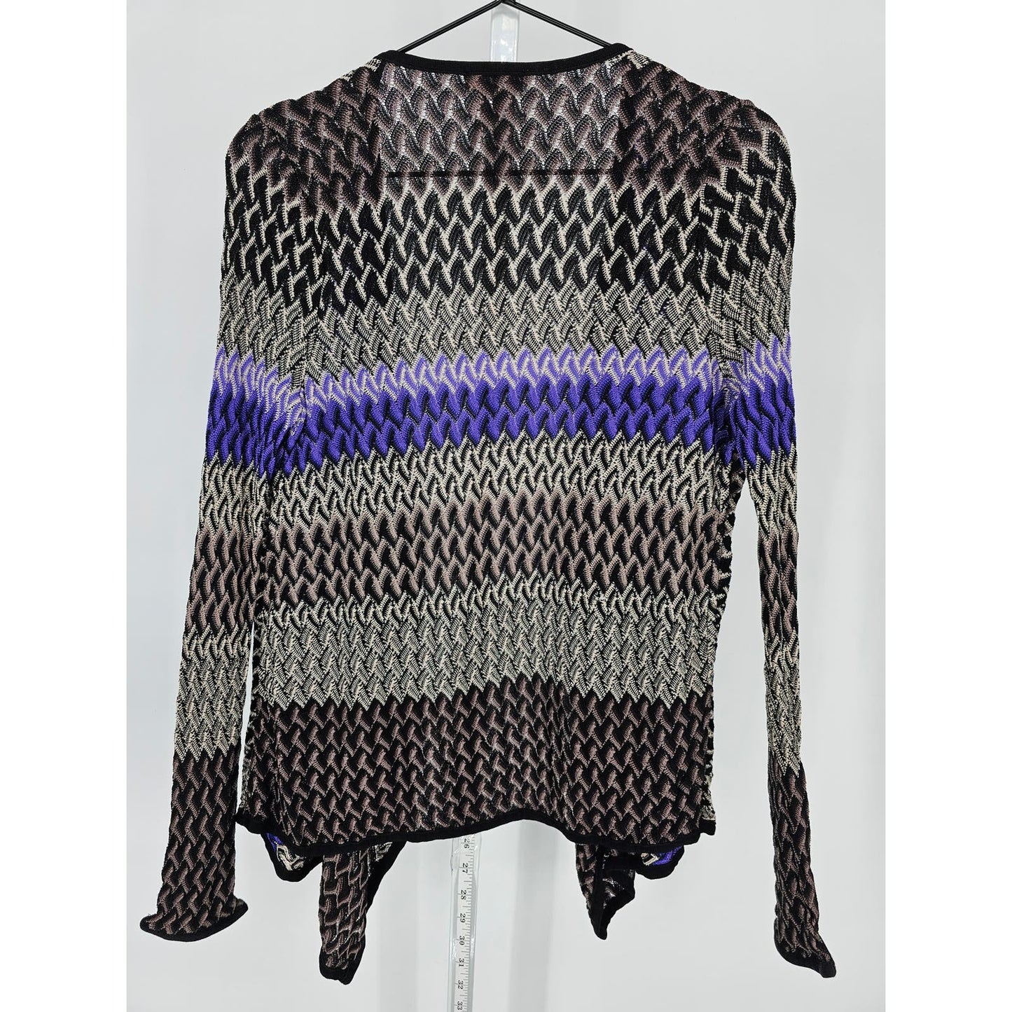 Chicos Womens Sz 1 (L) Open Front Knit Cardigan Sweater Black Purple Chevron