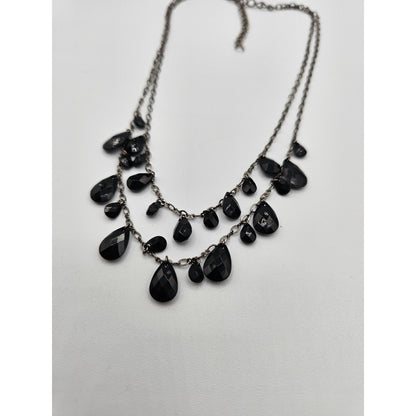 Vintage Y2K 2 Strand Beaded Chain Necklace Black Teardrop Rhinestones